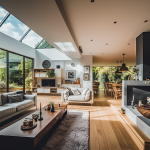 Open plan living room with fire and plenty of natural light.